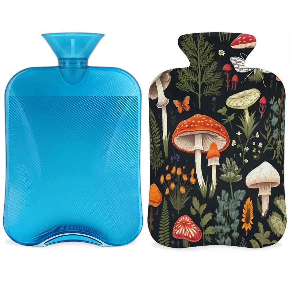 Tropical Mushrooms Hot Water Bottle with Soft Cover, Butterfly Leaves 2L Hot Water Bag for Pain Relief Menstrual Cramps Hand Feet Warmer Neck and Shoulder Hot and Cold Therapy