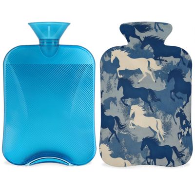 Blue Camouflage Horses Hot Water Bottle with Soft Cover, Navy Camo 2L Hot Water Bag for Pain Relief Menstrual Cramps Hand Feet Warmer Neck and Shoulder Hot and Cold Therapy