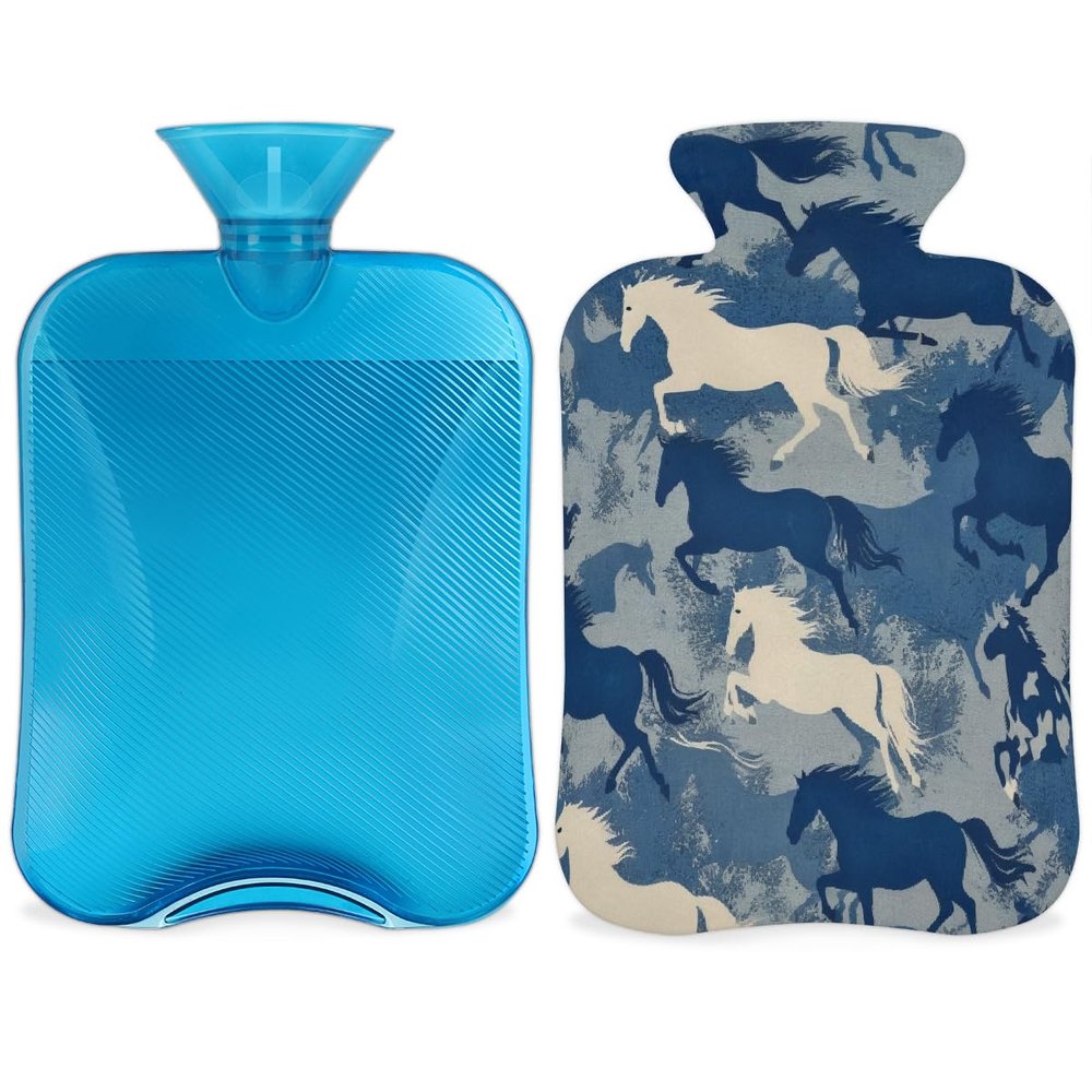 Blue Camouflage Horses Hot Water Bottle with Soft Cover, Navy Camo 2L Hot Water Bag for Pain Relief Menstrual Cramps Hand Feet Warmer Neck and Shoulder Hot and Cold Therapy