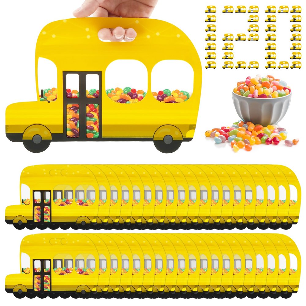 120Pcs Bulk Gift Bags for Kids with Handle,Yellow School Bus Goodie Bags, Plastic Resealable Treat Bags, Cute Stand-Up Bottom Snack Candy Bags for Birthday Party Favors Decorations, Back to School