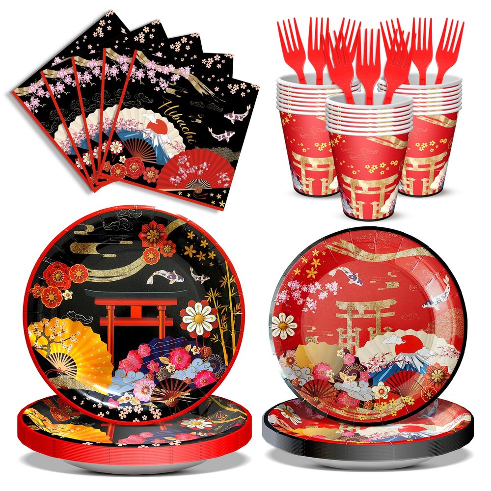 120 PCS Hibachi Party Decorations Tableware Set, Disposable Paper Plates Napkins Forks and Cups for Hibachi Japanese Party Decorations and Supplies, Serve 24