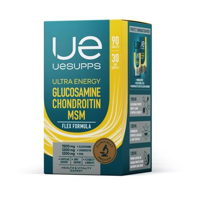 UESUPPS Glucosamine Chondroitin MSM Flex Formula, Joint Support Complex, Teal and Yellow, 1500mg (60). Made in UAE.