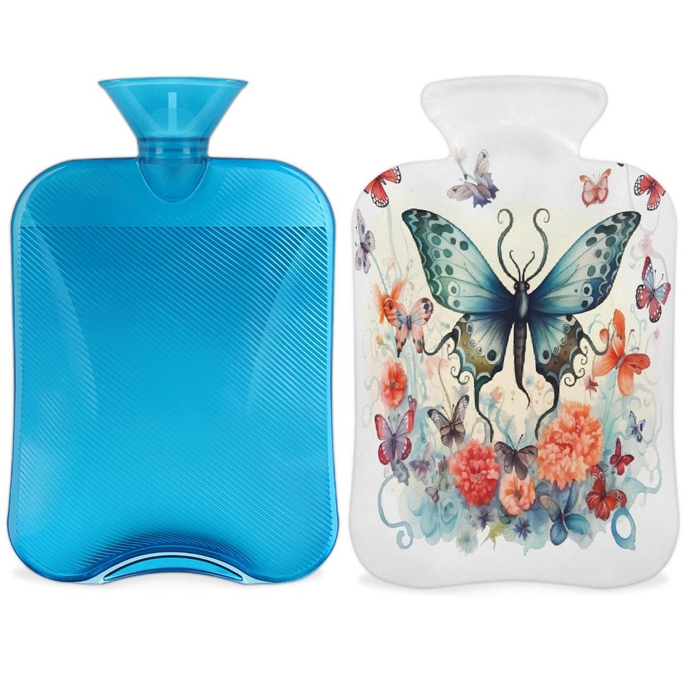 Butterfly Flower Hot Water Bottle with Soft Cover, Abstract Butterflies Pattern 2L Hot Water Bag for Pain Relief Menstrual Cramps Hand Feet Warmer Neck and Shoulder Hot and Cold Therapy