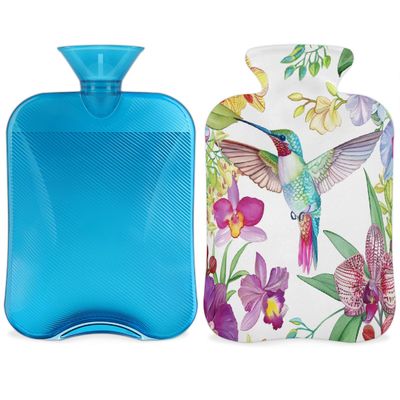 Flowers Hummingbird Hot Water Bottle with Soft Cover, Bird Floral 2L Hot Water Bag for Pain Relief Menstrual Cramps Hand Feet Warmer Neck and Shoulder Hot and Cold Therapy