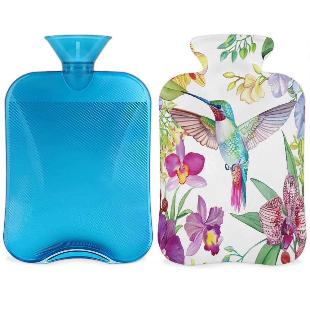 Flowers Hummingbird Hot Water Bottle with Soft Cover, Bird Floral 2L Hot Water Bag for Pain Relief Menstrual Cramps Hand Feet Warmer Neck and Shoulder Hot and Cold Therapy