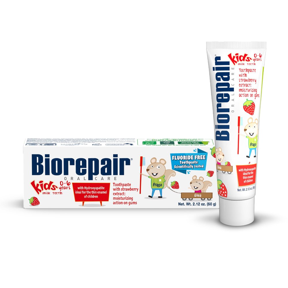 BIOREPAIR Kids- Kids and Baby Toothpaste with Hydroxyapatite, Gentle Cleansing & Enamel Protection, Strawberry Fluoride Free Toothpaste, Moisturizing Action on Gums, 0-6 Years, 2.12 Oz, Made in Italy