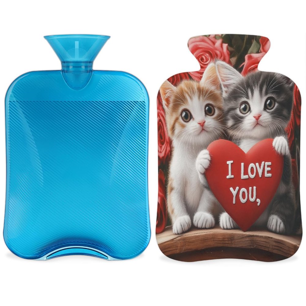 Red Love Rose Cat Hot Water Bottle with Soft Cover, Valentine's Day Cute Cat 2L Hot Water Bag for Pain Relief Menstrual Cramps Hand Feet Warmer Neck and Shoulder Hot and Cold Therapy