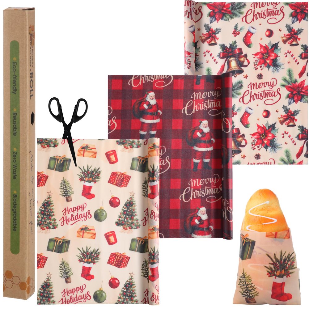 3 Rolls Reusable Beeswax Wraps for Food 13 x 40 Inches Bees Wax Wraps Reusable Food Storage Wrap Beeswax Paper Roll for Bread Sandwich Cheese Fruit Snacks(Santa)
