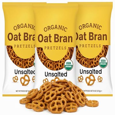 Organic Oat Bran Pretzels, Unsalted, USDA Certified, Low Fat, Classic Twisted Shape, 8 oz Bag, (Pack of 3)