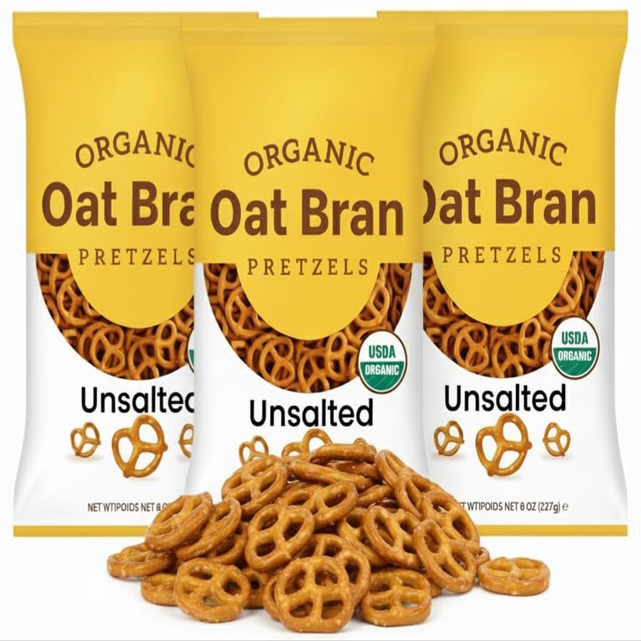 Organic Oat Bran Pretzels, Unsalted, USDA Certified, Low Fat, Classic Twisted Shape, 8 oz Bag, (Pack of 3)