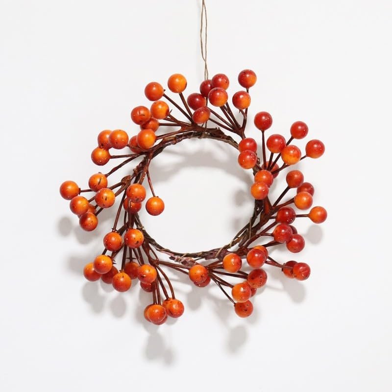 Artificial Orange Berry Wreath Candle Ring, Fall Thanksgiving Halloween Decor, 6 Inch