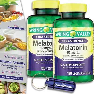Spring Valley Extra Strength Melatonin Tablets with Lemon Balm Dietary Supplement for Sleep Support 10 mg 120 Ct 2 pk (240 Total) + Vitamin Vitality & Pill Container (4 Items)!