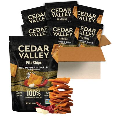 Cedar Valley Pita Chips Red Pepper & Garlic | 180g (Pack of 6) | Seed Oil Free, Cooked in Coconut Oil | Crisp, Golden & Flaky | No Preservatives, Non-GMO Ingredients | Healthy Snacks