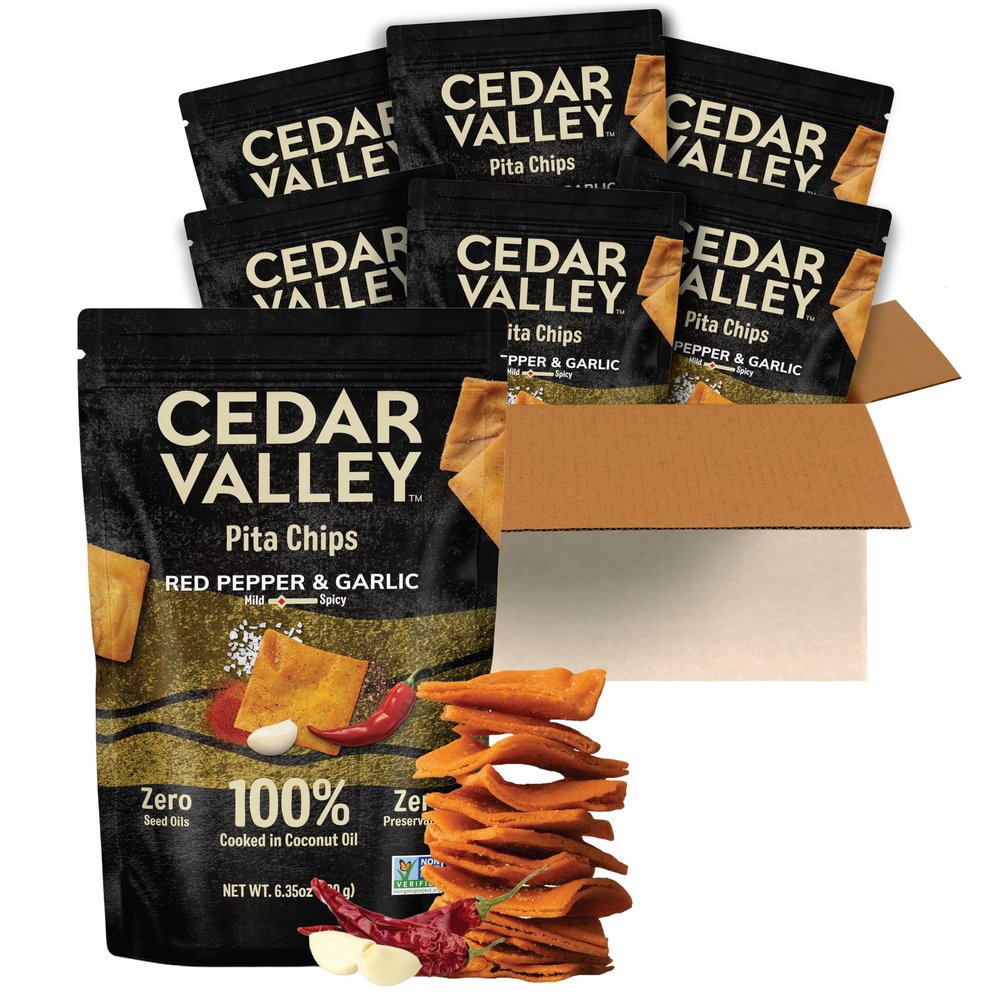 Cedar Valley Pita Chips Red Pepper & Garlic | 180g (Pack of 6) | Seed Oil Free, Cooked in Coconut Oil | Crisp, Golden & Flaky | No Preservatives, Non-GMO Ingredients | Healthy Snacks