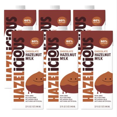Hazelicious Chocolate Hazelnut Milk, Non-Dairy Plant-Based Vegan Milk, Made with Real Belgian Cocoa, 60% Less Sugar, Non-GMO, Gluten Free, No Added Oils or Preservatives, 32 Fl Oz Cartons (Pack of 6)