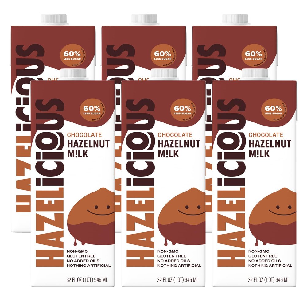Hazelicious Chocolate Hazelnut Milk, Non-Dairy Plant-Based Vegan Milk, Made with Real Belgian Cocoa, 60% Less Sugar, Non-GMO, Gluten Free, No Added Oils or Preservatives, 32 Fl Oz Cartons (Pack of 6)