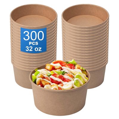 APSIC 300 Pack Kraft Paper Bowls, 32oz Disposable Salad Bowls, Round Paper Food Container for Meal Prep, Soup, Cereal, Chili, Snacks, Desserts, Parties, Catering & Takeout