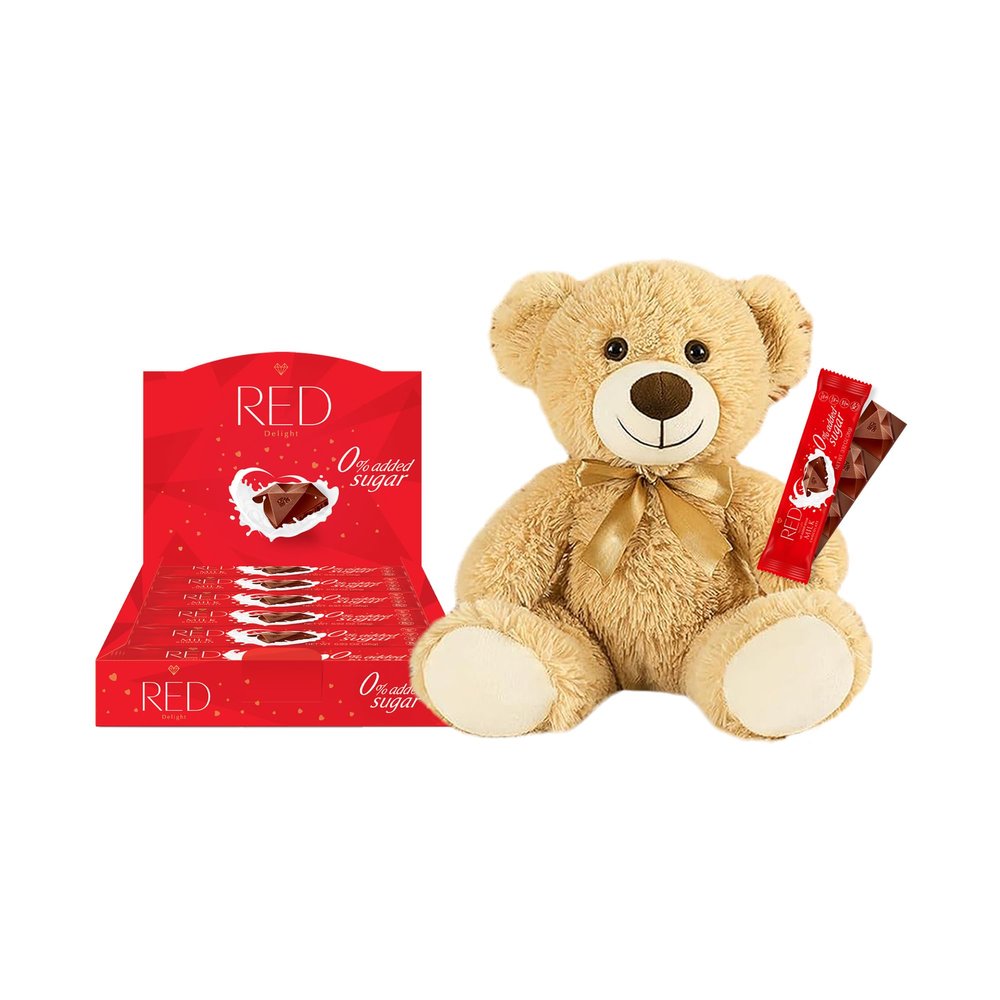 RED Delight Milk Chocolate 12 Count Box of Grab N Go Travel Size Bars (0.92 Ounces Each) with a 14" Plush Teddy Bear (1 Box - Total of 12 Bars + 14" Plush Teddy Bear)