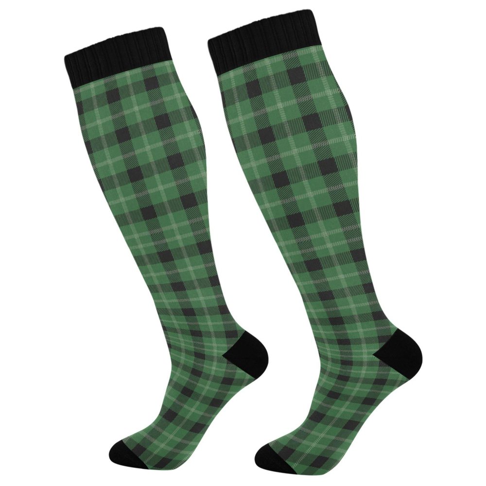 JUNZAN Plaid Green Black Women's Compression Long Socks Warm Circulation Knee Long Socks 15-20mmHg for Athetic Surgery