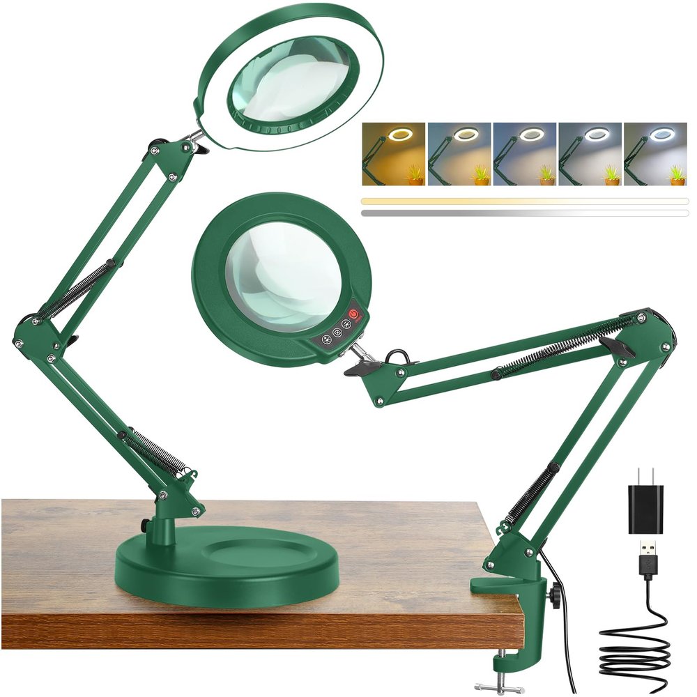 10X Magnifying Glass with Light and Stand, 5 Color Modes Stepless Dimmable 2-in-1 Lighted Magnifier with Clamp, LED Desk Lamp Hands Free for Crafts Hobby Reading Painting Sewing Close Work Green