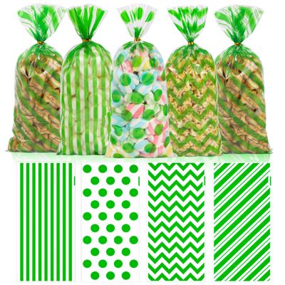 100 PCS Green Cellophane Treat Bags - 5x11 In Green Stripe & Polka Dot Candy Bags with 110 Gold Ties, Plastic Goodie Bag for Jungle Safari Birthdays, Dinosaur Parties, Garden Favors & Gift Packaging