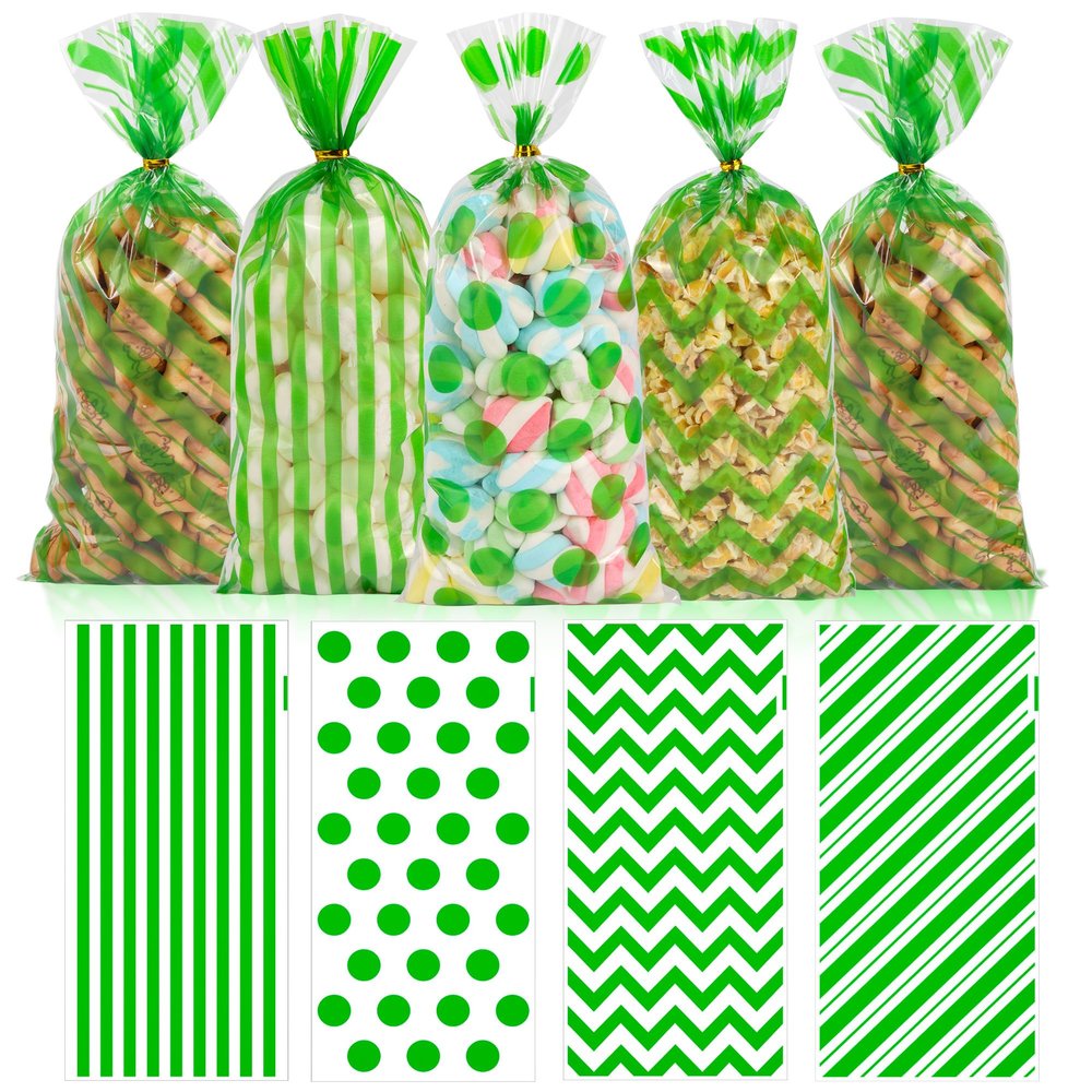 100 PCS Green Cellophane Treat Bags - 5x11 In Green Stripe & Polka Dot Candy Bags with 110 Gold Ties, Plastic Goodie Bag for Jungle Safari Birthdays, Dinosaur Parties, Garden Favors & Gift Packaging