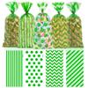 100 PCS Green Cellophane Treat Bags - 5x11 In Green Stripe & Polka Dot Candy Bags with 110 Gold Ties, Plastic Goodie Bag for Jungle Safari Birthdays, Dinosaur Parties, Garden Favors & Gift Packaging view 1