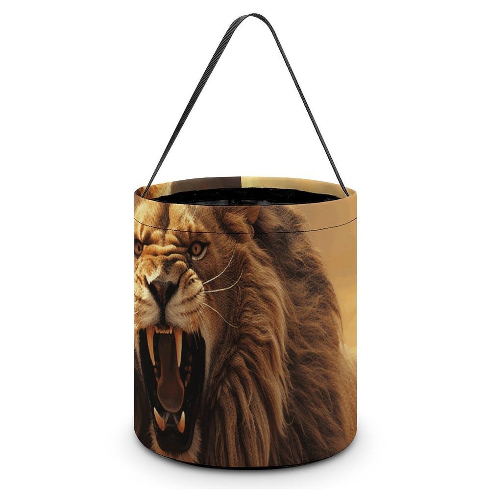 JTKBNVM Halloween Candy Bucket Treat Tote Bags with Handles Reusable Angry Roaring Lion Goody Bucket for Holiday Birthday Party Favor Supplies Collapsible Snack Goodie Basket Bags Gift Bag Decor