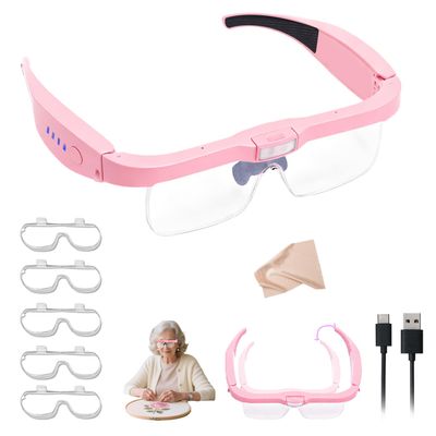 Professional Magnifying Glasses Headset with 5 Detachable Lenses 0.75X-4.0X & 3 LED Lights, Rechargeable Hands-Free Headband Magnifier for Close Work, Jewelry Crafts Hobby (Pink)