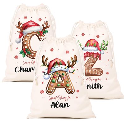 Coifrok Personalized Santa Sack with Initial & Name for Kids Customized Christmas Bags Drawstring Custom Large Christmas Gift Bags for Holiday Presents Santa Bag
