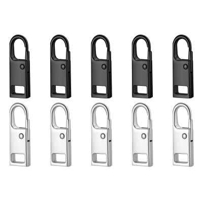 10PCS Zipper Pull, Metal Zipper Pull Replacement Detachable Tabs Repair Kit for Luggage Clothing Backpacks Boots and Jackets Black+Silver