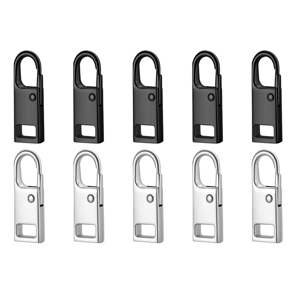 10PCS Zipper Pull, Metal Zipper Pull Replacement Detachable Tabs Repair Kit for Luggage Clothing Backpacks Boots and Jackets Black+Silver