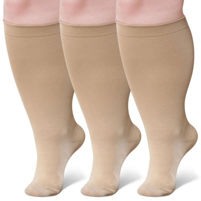 3 Pairs Plus Size Compression Socks: Wide calf Compression Stockings for Men Women - Extra Large 20-30 mmHg Compression Hose Support for Travel Nurses Running Pregnancy S/M Beige