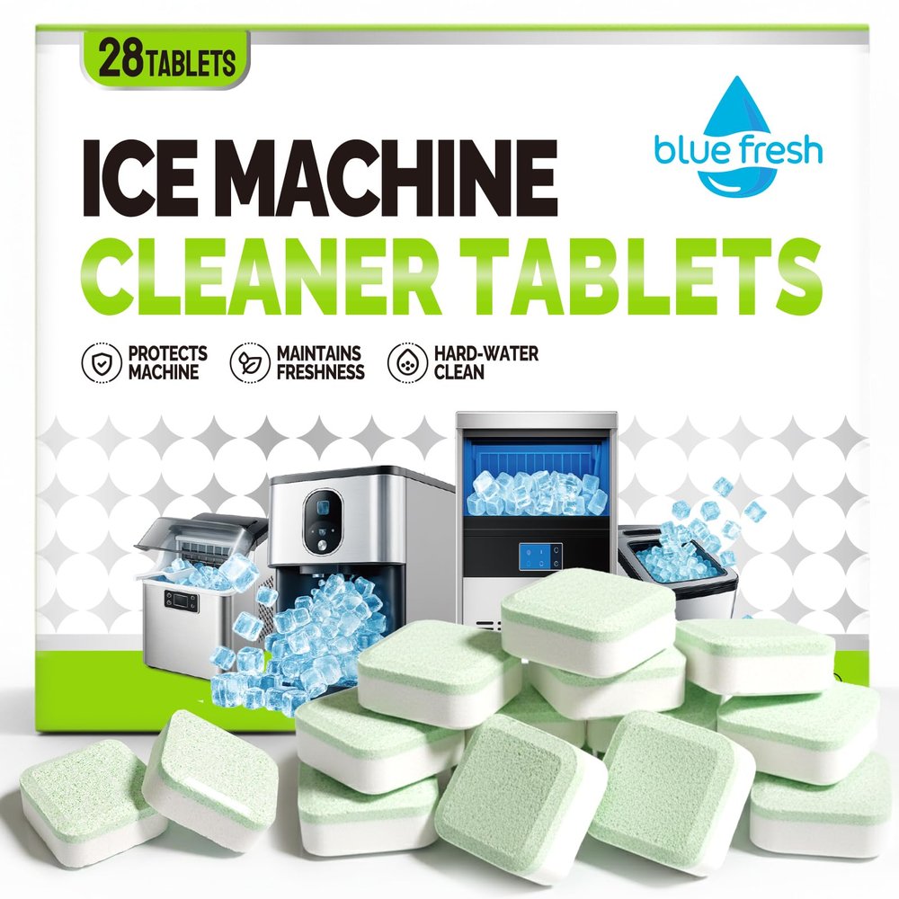 blue fresh Ice Machine Cleaner Tablets for Hard Water - 28 Pack Nickel Safe Scale Removal for Countertop Portable Commercial Nugget Ice Makers, Compatible with Opal, GE Profile, Frigidaire