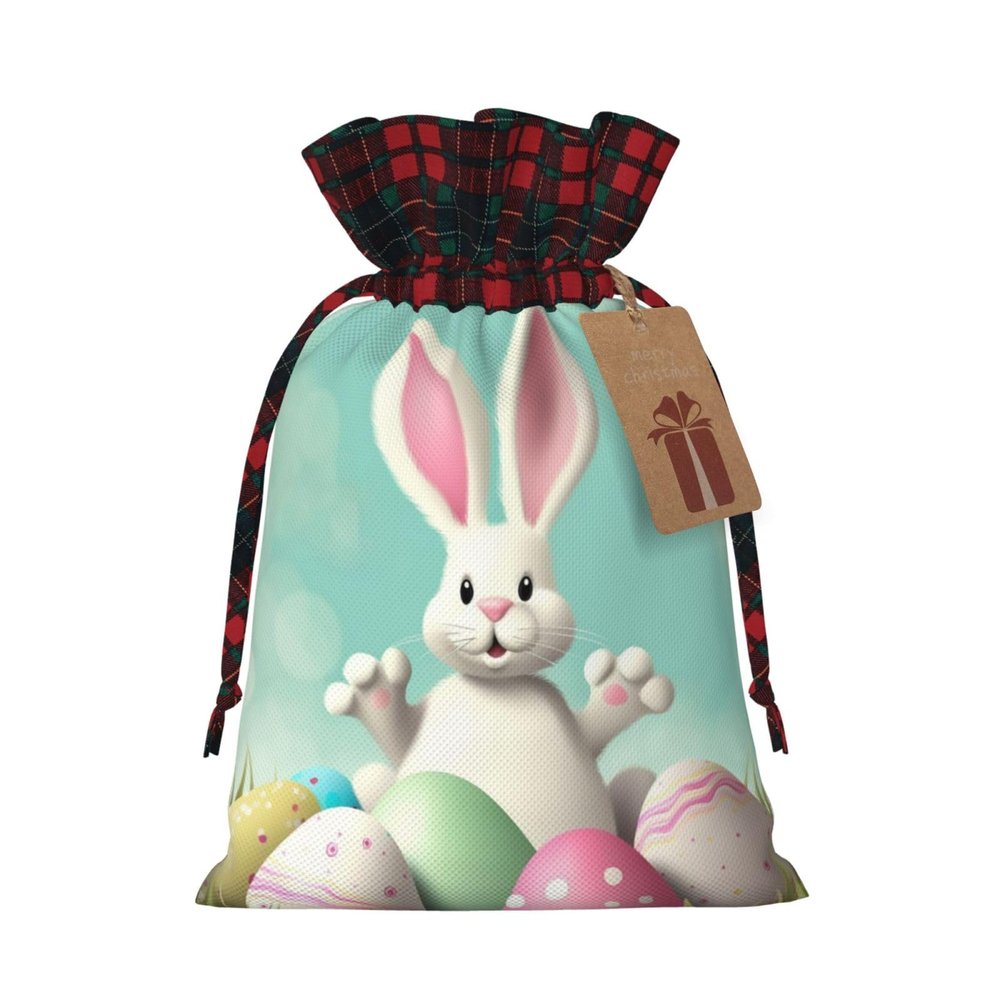 Drawstring Christmas Gift Bags with Tag Small Treat Goody Bags Reusable Gift Wrapping Sacks Pouches Xmas Presents Wrapping Bag Happy Easter Eggs Bunny Tail Candy Treat Bag for Party Favors Small