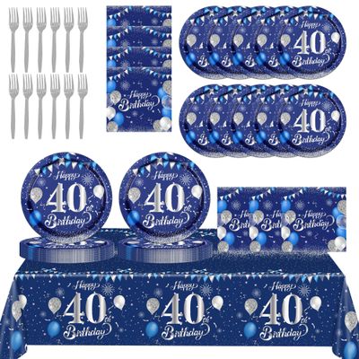 40th Birthday Decorations for Men,61Pcs Blue Silver 40th Birthday Decorations Tableware Include Happy 40th Birthday Plates and Napkins,Tablecloth,Forks for Men 40th Birthday Party Supplies,Serve 20