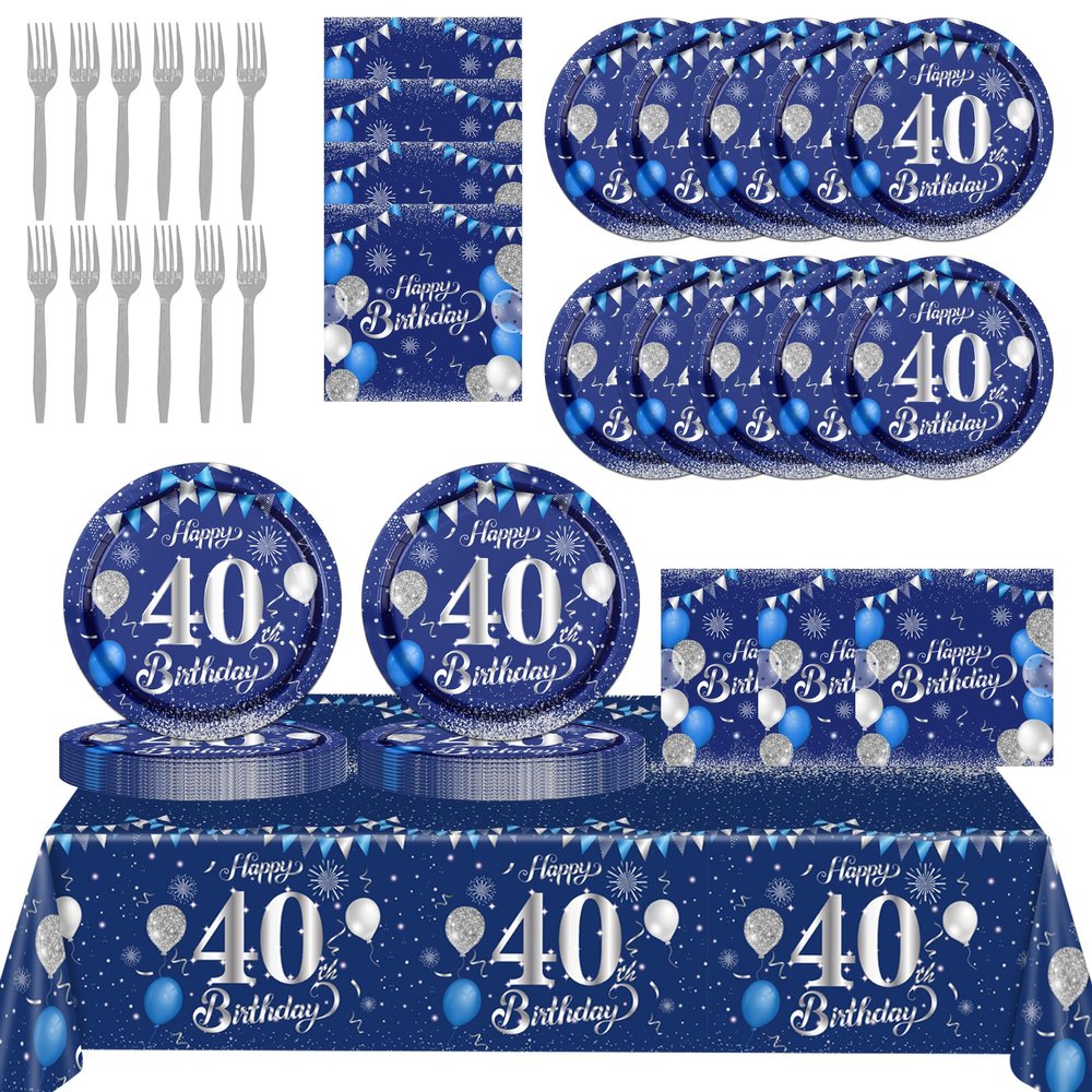 40th Birthday Decorations for Men,61Pcs Blue Silver 40th Birthday Decorations Tableware Include Happy 40th Birthday Plates and Napkins,Tablecloth,Forks for Men 40th Birthday Party Supplies,Serve 20