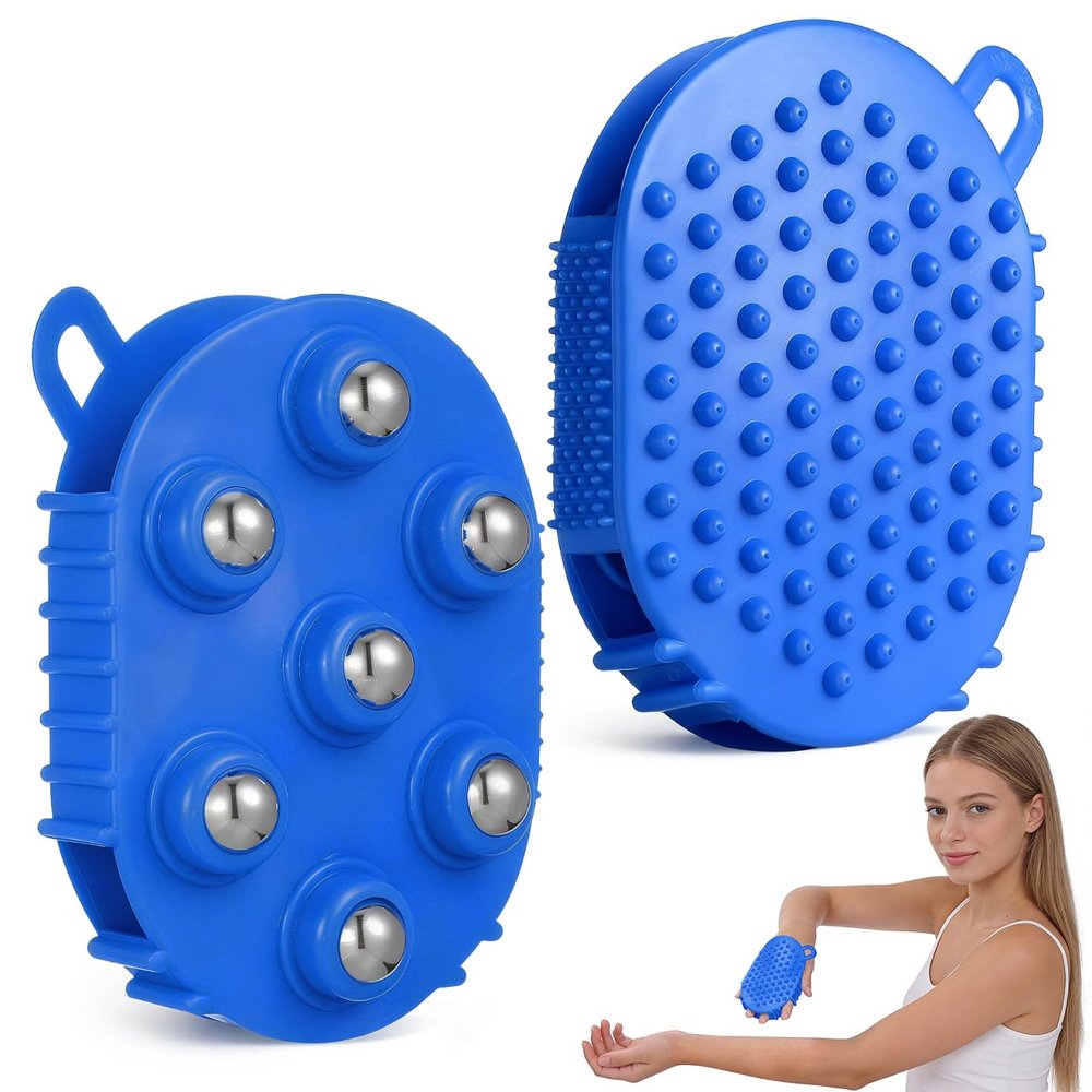 Veemoon 2 Pcs Palm Massage Glove, Roller Ball Handheld Massager, Blue PVC Body 7 Metal Beads, Lymphatic Massage Tool Face Back Neck Foot Muscle Tension Soothing Gua Sha Adults Present