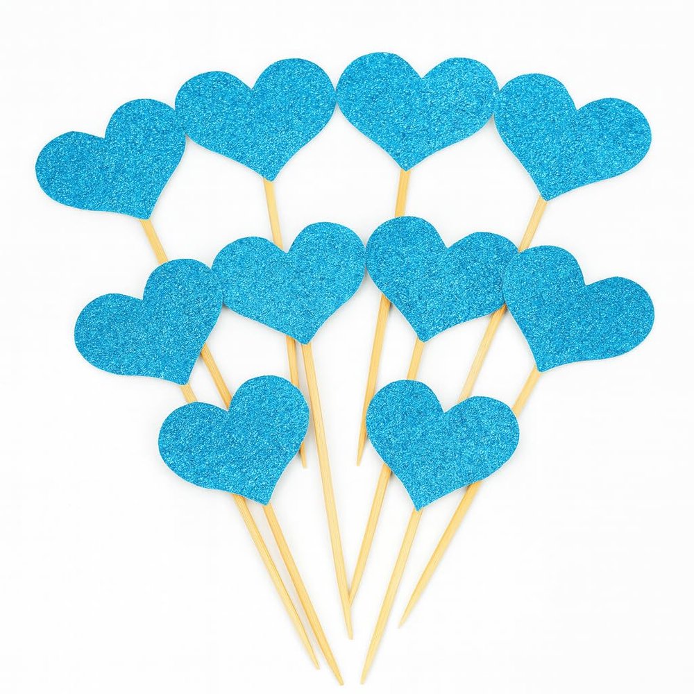100 Pcs Heart Cupcake Toppers Rustic Paper Picks Wedding Engagement Party Decorations Birthday Cake Picks Valentines Anniversary Dessert Supplies (Blue)