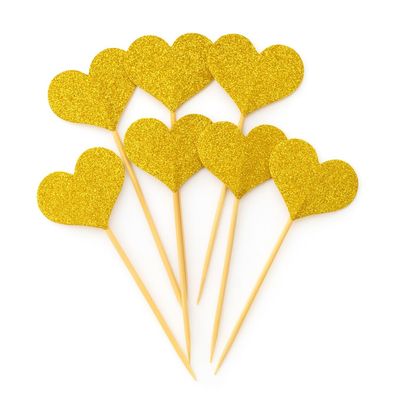 100 Pcs Heart Cupcake Toppers Rustic Paper Picks Wedding Engagement Party Decorations Birthday Cake Picks Valentines Anniversary Dessert Supplies (Gold)