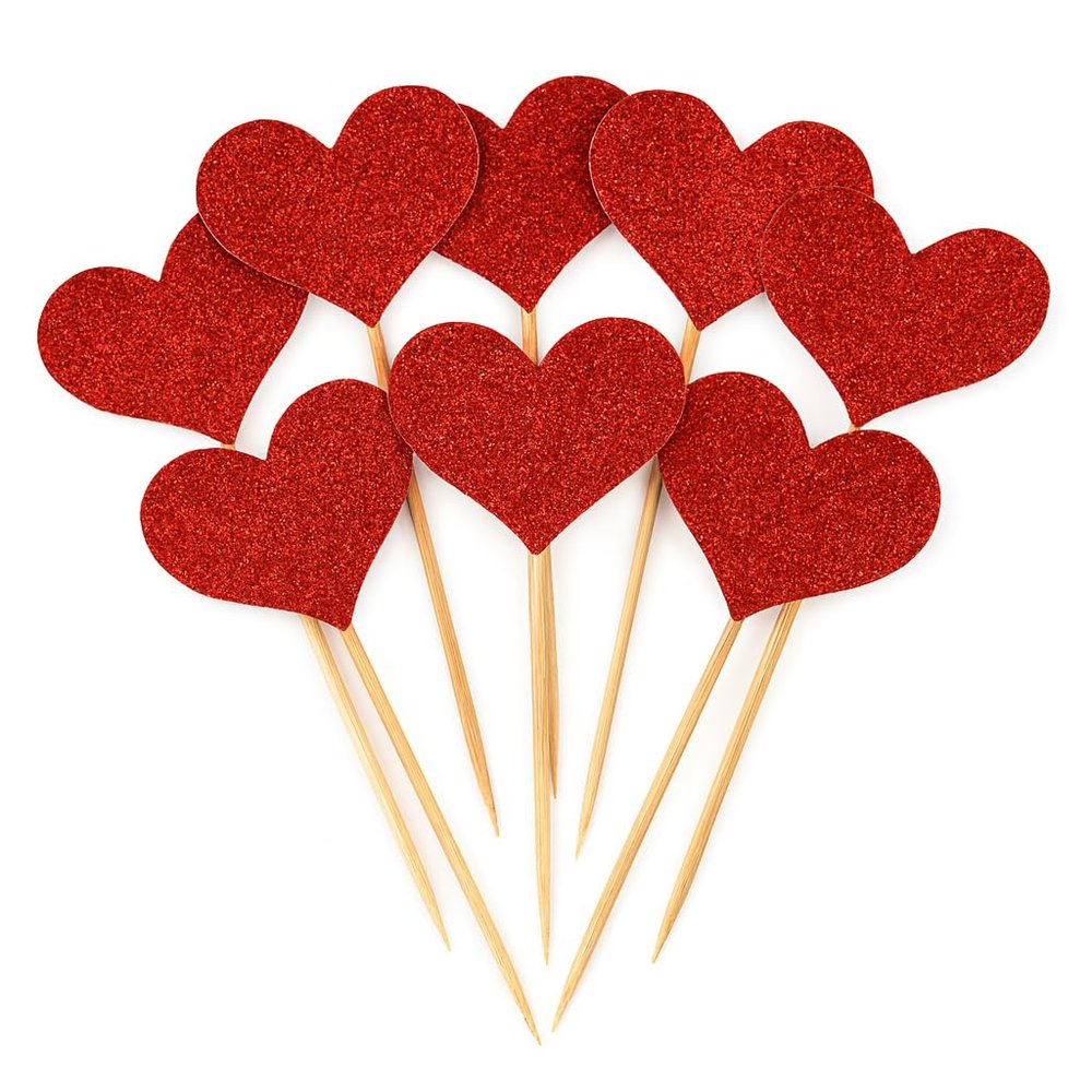 100 Pcs Heart Cupcake Toppers Rustic Paper Picks Wedding Engagement Party Decorations Birthday Cake Picks Valentines Anniversary Dessert Supplies (Red)