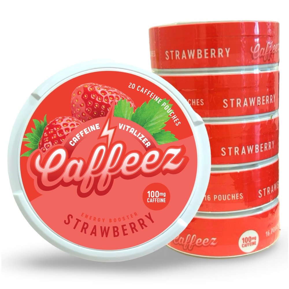 CAFFEEZ VITALIZER CAFFEINE - Energy Pouches | Caffeine Pouches | 50mg Natural Caffeine | 250mg Guarana | 0 Calories | 0 Sugar | 20 Pouches Per Can | 1 Tin or 1 Sleeve (Sleeve (5 Tins), Strawberry)