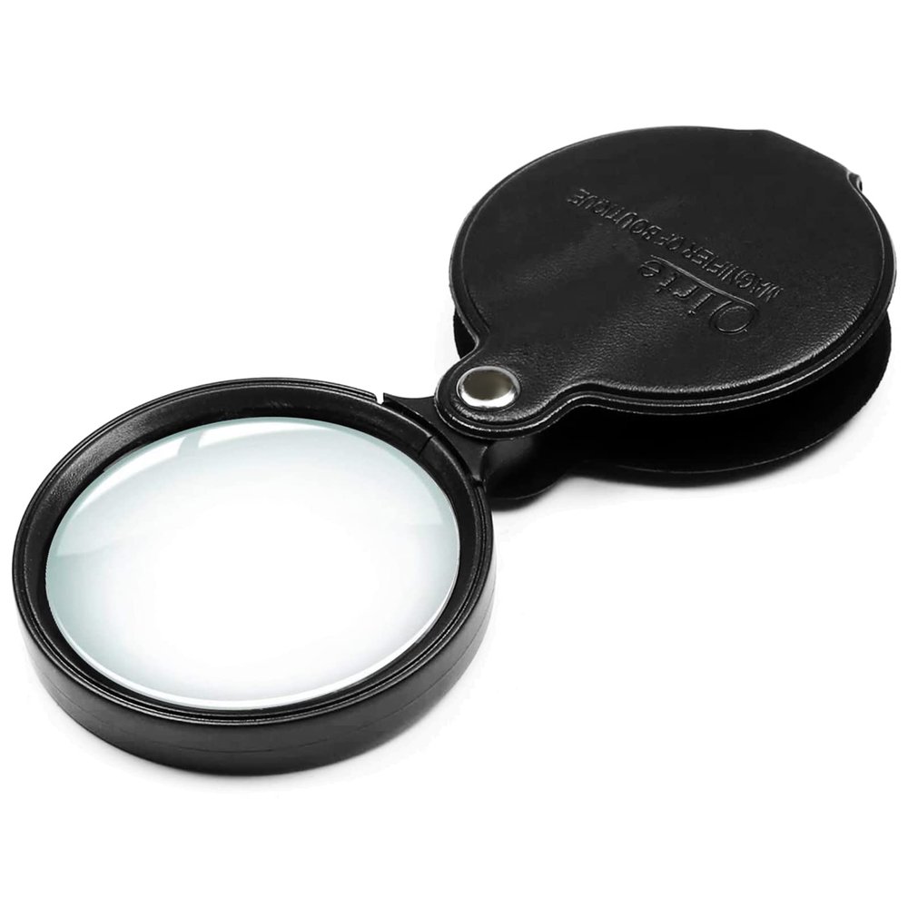 10x Small Pocket Magnifier Glass, Qirte Mini Folding Magnifying Lenses with Rotating Protective Leather Sheath for Seniors Reading, Inspection, Kids for Exploration, Elder Gift, 2 3/8'' Lens Size