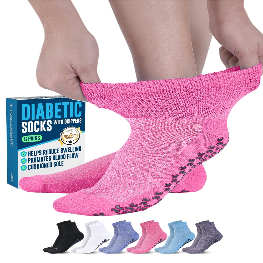 Doctor's Select Non Slip Diabetic Socks for Men & Women - 6 Pairs | Black, White, Gray, Light Gray, Tan, Brown | No Slip Socks Men | Grip Socks for Yoga, Pilates, Barre