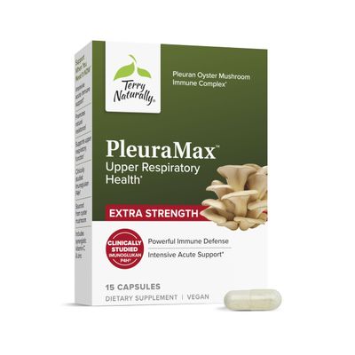 Terry Naturally PleuraMax Extra Strength - Upper Respiratory Health Supplement - Sourced from Oyster Mushrooms - Includes Vitamin C & Zinc for Immune Support - Vegan - 15 Capsules (15 Servings)