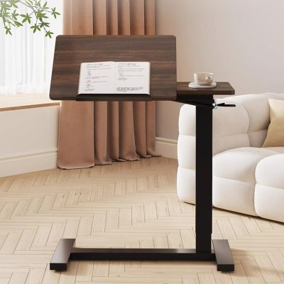 Pneumatic Mobile Standing Desk Laptop Bedside Table Multi-Purpose Overbed Table with Swivel Hidden Wheels Adjustable Height, for Bedroom, Living Room, Office(Brown)