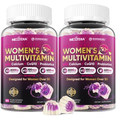 2 Pack Multivitamin for Women 50 and Over Gummies, Calcium, D3 K2, Methylfolate & B12, Omega-3, CoQ10, Daily Vitamin A, C, E, B Complex, Biotin, Zinc - Bone, Energy, Immunity - Vegan, Sugar Free