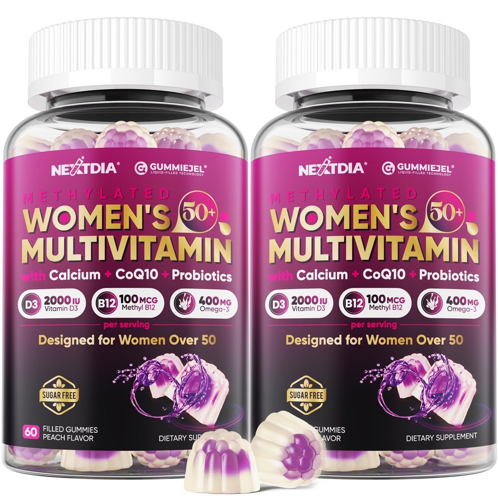 2 Pack Multivitamin for Women 50 and Over Gummies, Calcium, D3 K2, Methylfolate & B12, Omega-3, CoQ10, Daily Vitamin A, C, E, B Complex, Biotin, Zinc - Bone, Energy, Immunity - Vegan, Sugar Free
