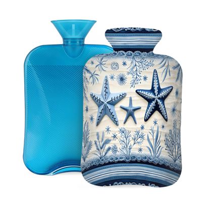 Hot Water Bottle with Soft Cover, Blue Starfish 2L Hot and Cold Water Bag for Hand Feet Warmer, Shoulder Pain Relief,Menstrual Cramps