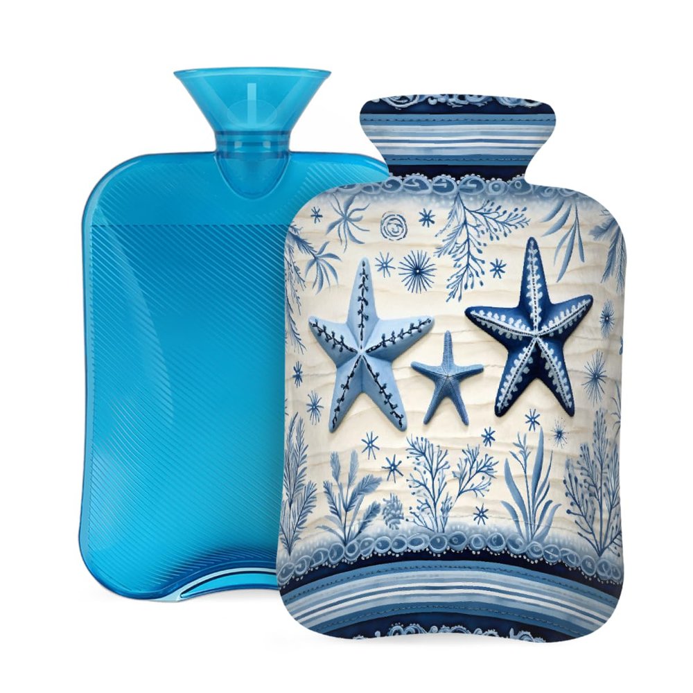Hot Water Bottle with Soft Cover, Blue Starfish 2L Hot and Cold Water Bag for Hand Feet Warmer, Shoulder Pain Relief,Menstrual Cramps